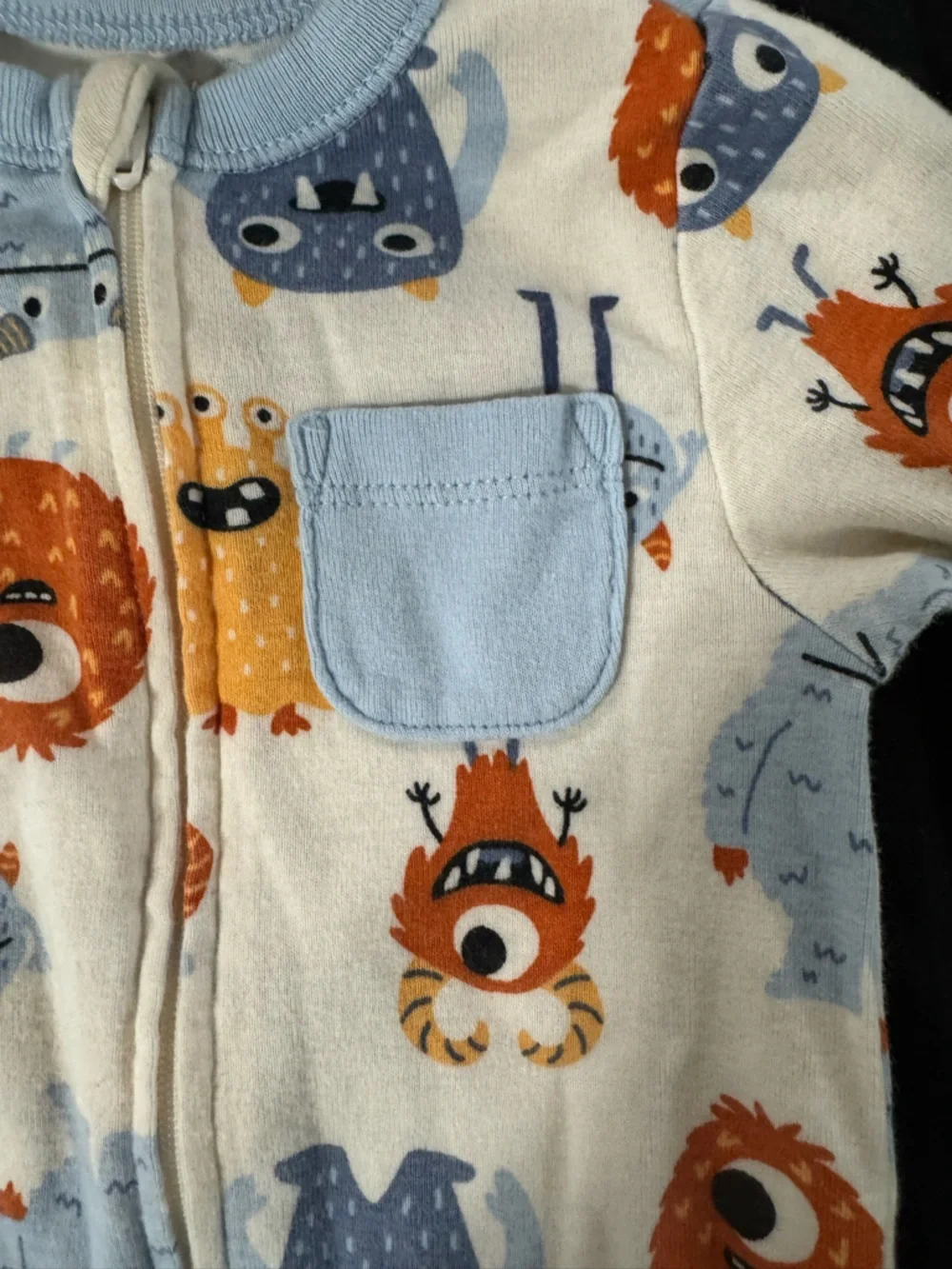 Old Navy White One-Piece Pajamas with Blue and Orange Monster Print - Picture 2 of 4